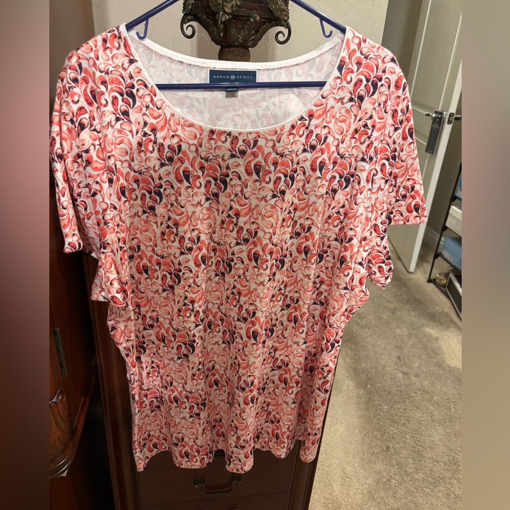 Karen Scott Coral & Navy Printed Scoop Neck Tunic